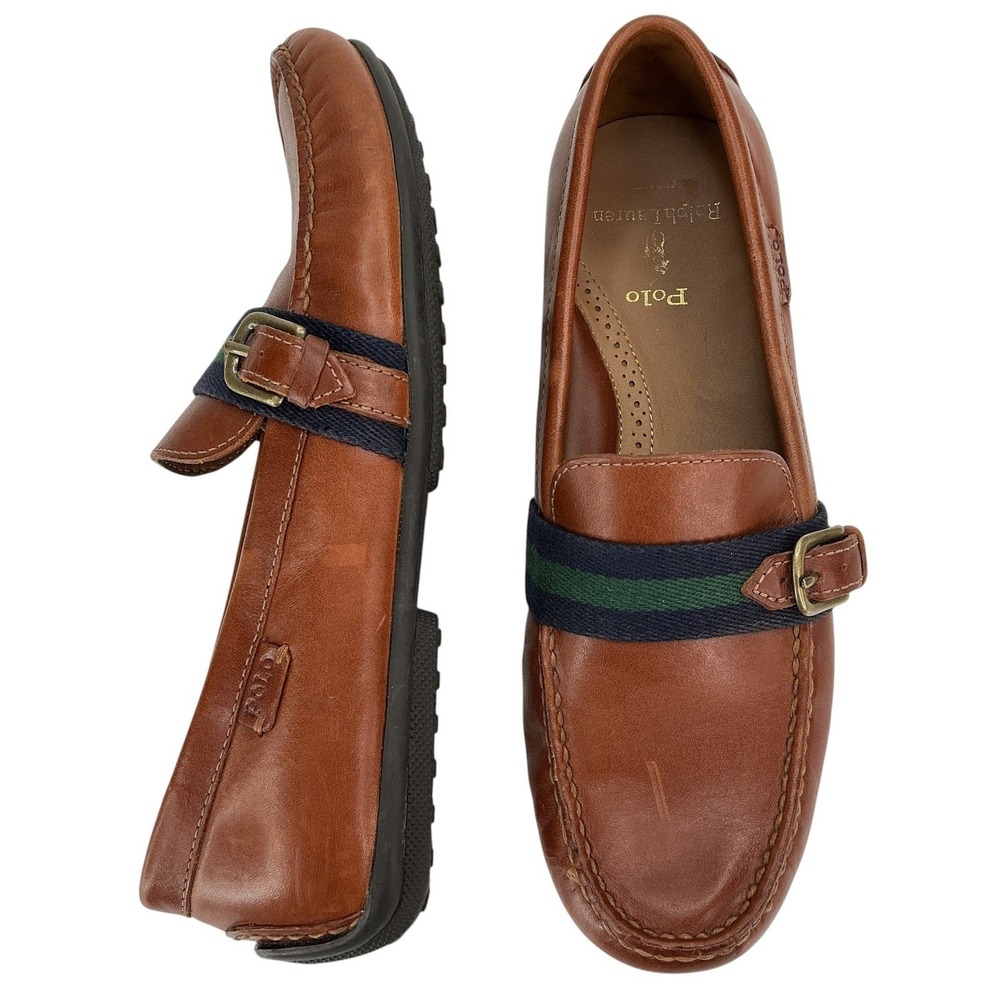 Polo Ralph Lauren Men Riali Loafers 8.5D Brown Leather Striped Webbing Preppy